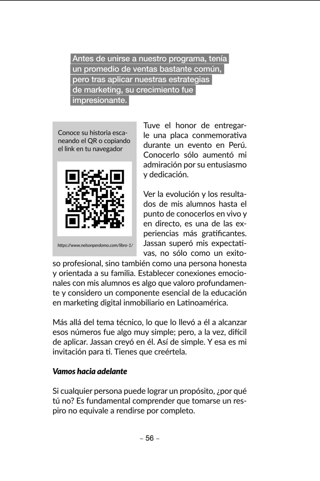 Página del libro con el código QR del caso de éxito de Jassan Guevara