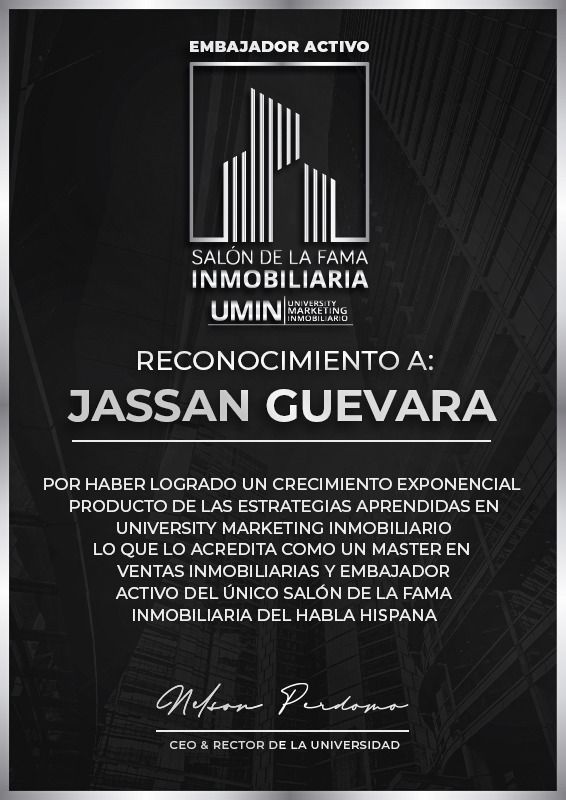 Reconocimiento oficial Salón de la Fama Inmobiliaria UMIN entregado al Ing. Jassan Guevara