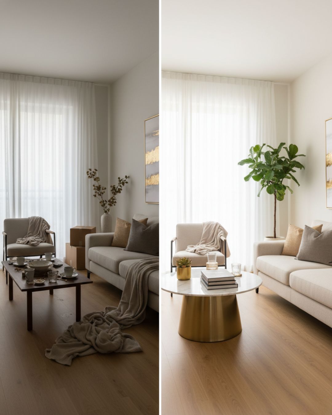 Preparación visual profesional antes y después de una propiedad en venta