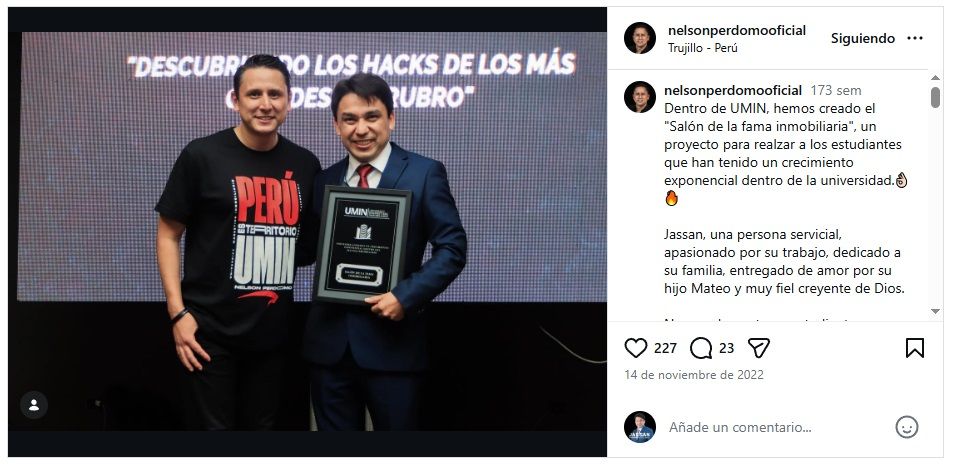 Publicación de Instagram de Nelson Perdomo reconociendo al Ing. Jassan Christopher Guevara por resultados en marketing digital inmobiliario